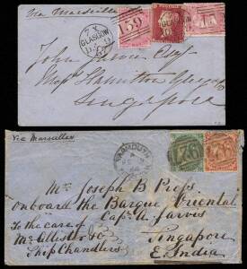 POSTAL HISTORY: 2 incoming &nbsp;British letters, via Marseilles, 1857 (Dec. 9) from Glasgow, franked 9d (4d x2 + 1d) and 1866 (Feb. 9) from Yarmouth, franked 1/4 (1/- + 4d), addressed to "Mr Joseph B Priefs / on board the Barque Oriental". Both with small fau