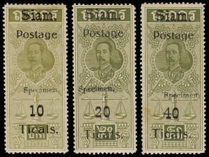 1907 (SG.106-08) &nbsp;"10/Ticals', '20/Ticals' & '40/Ticals' high denomination Surcharges on Judicial Revenue Stamps, set of 3, Each with a small "Specimen" handstamp. Minor faults.