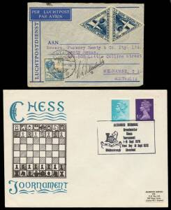 Small group of world stamps etc., stamps mainly earlier issues. Range of FDC's, postcards etc. (30+) majority re CHESS. Noted 20 Oct.1934 Holland - Aust. flown cover signed by the Pilot K.D. Parmentier. Mixed condition.