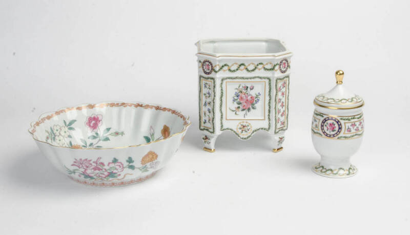 Limoges French porcelain vase & lidded jar plus a Spanish ceramic bowl. (3 items) 