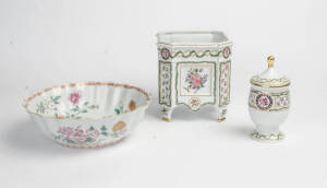 Limoges French porcelain vase & lidded jar plus a Spanish ceramic bowl. (3 items) 