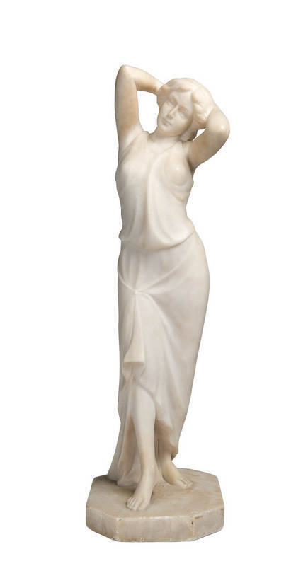 Italian caved alabaster statue of a woman. Signed Herzog 1910. 59cm.