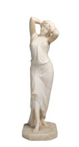 Italian caved alabaster statue of a woman. Signed Herzog 1910. 59cm.