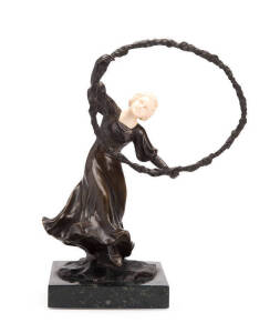 Anton Endstorfer (Austria) art deco bronze and ivory figure on marble base, early 20th Century, signature and monogram on dress.