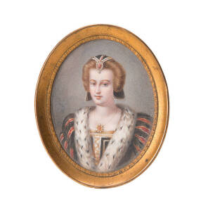 Miniature hand painted portrait of a lady in 17th Century costume, possible royal. 19th Century 6.5 x 8cm