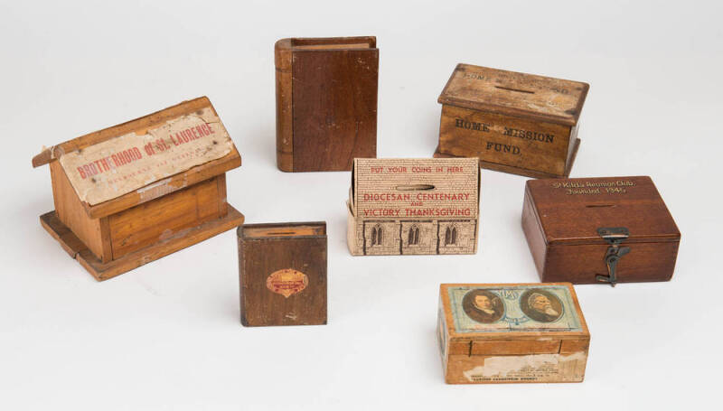 Group of vintage and antique collection boxes (6) timber and cardboard, plus a book box (cedar and pine). 7 items. 