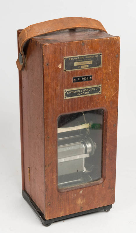 Recording Ammeter in timber case by Evershed & Vignoles Ltd London, early to mid 20th century. 48cm.