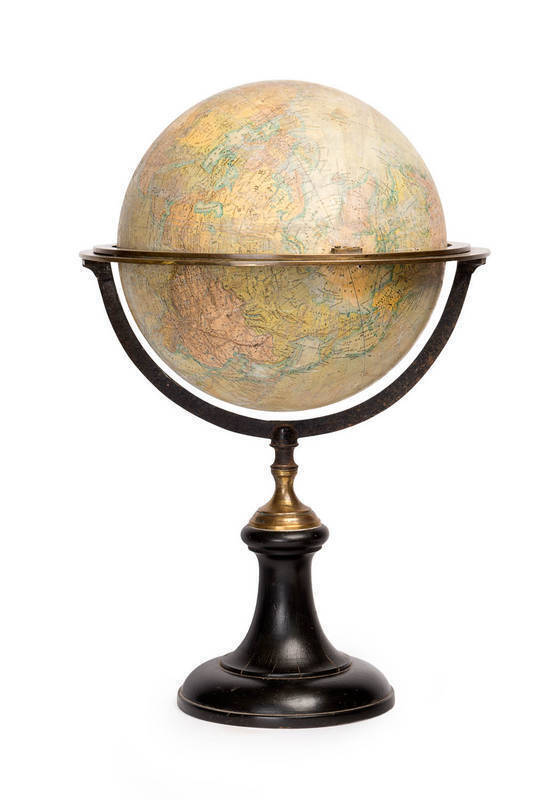 A terrestrial globe with brass and ebonised stand, French, 19th century. 48cm high, 34cm diameter.