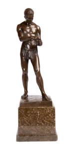 A fine quality bronze sculpture on marble base of a man, signed Schmielt Felling 1906, German, circa 1910. 57cm high x 17cm square (base).