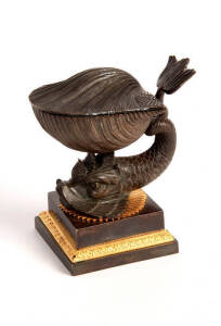 A fine quality Empire bronze and gilt bronze dolphin and shell form inkwell on marble base, French circa 1820. 15cm high, 11cm wide. 