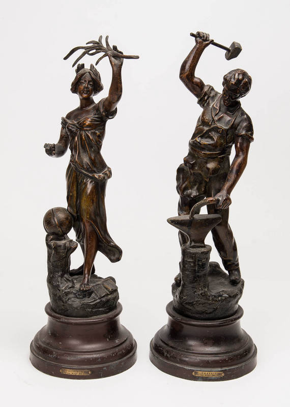 Pair of French antique spelter statues, titled "Science" and "Travail", late 19th Century. 49cm.