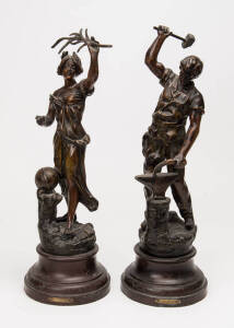 Pair of French antique spelter statues, titled "Science" and "Travail", late 19th Century. 49cm.