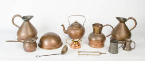 Pair of antique copper water pitchers, sabion dish, copper kettle, pots, pewter ware etc. (11 items). 19th & 20th century.