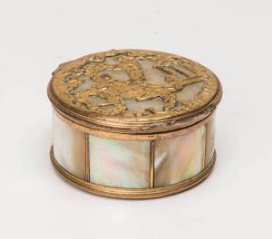 A gilt metal and mother-of-pearl snuff box with hinged cover, Continental,18th Century, approx. 6cm diameter