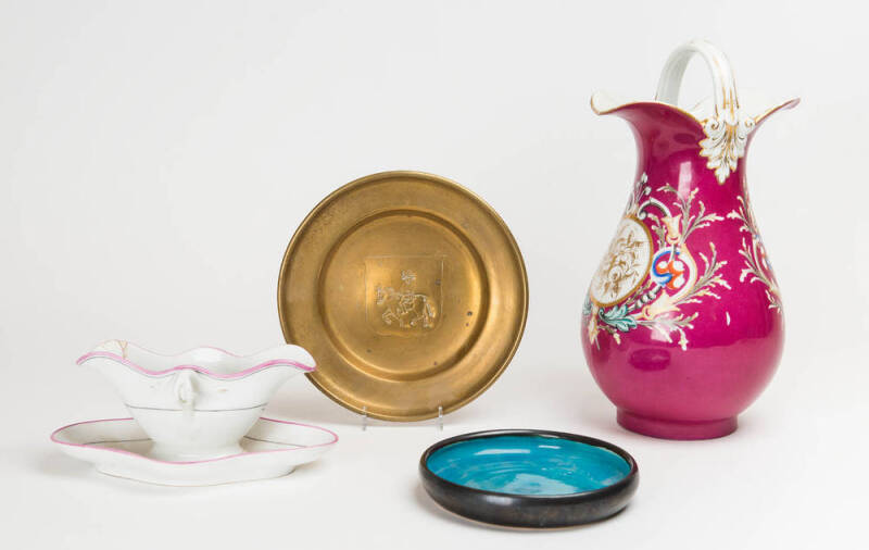 Antique sauceboat, a bowl, a brass plate and a jug with handle, Continental, 19th century. Varying sizes.