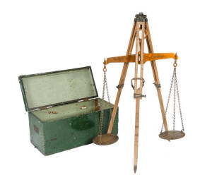 Large set of balanced scales by W & T Avery Ltd, Birmingham. Inscribed "Capacity 56lb Borough of Derby". With accompanying tripod, brass pans & green painted travel trunk box, 19th century. Box height 44cm, width 94cm, depth 43cm.