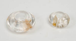 Two rock crystal earrings, one small and restored, Ban Chieng, Thailand, 2nd BCE, 5cm and 3.5cm, with shell earring, diameter 6.5cm