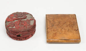 A burl wood treen cigarette case 19th C 11cm x 8.5cm and a cinnabar lacquer box 8cm (2).