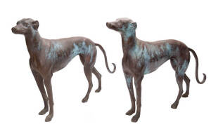 Pair of bronze greyhound garden statues which formerly adorned the entrance to Spray Farm on the Bellarine peninsula in Victoria. Early 20th century. 78cm high, 110cm long.