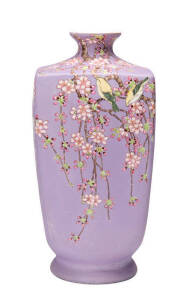 A large Satsuma quatrefoil vase, Meiji period, painted with birds on weeping cherry blossom branches over a mauve glaze. Kinkozan seal mark to base. 21.5cm high.