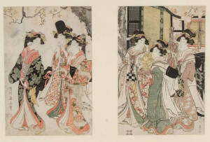 Japanese woodblock diptych, late 19th century. Framed & window mounted. Image size 23 x 34cm each