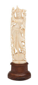 Indian carved ivory statue of the Hindu goddess Sariswati, 20th century. On wooden base, Height in total 27cm