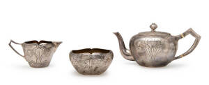 Chinese silver 3 piece tea service by Luen Wo in the Art Nouveau style, circa 1900. 500+ grams