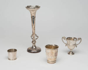 American sterling silver beaker by Mark J.Scearce of Kentucky; Danish silver beaker (mid 20th century), sterling silver bud vase & a trophy cup. (4 items)