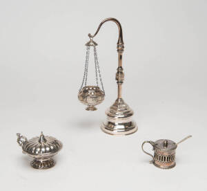 Group of 4 silver & silver plated items: incense burner on stand, table cigar lighter, mustard spoon & a silver plated mustard pot. 