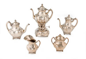 Mexican silver spirit kettle on stand & four piece silver tea service, stamped 925. Mid 20th century. 5.3kg+