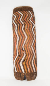 WAR SHIELDS: Papua New Guinea wood and woven cane with incised motifs & remains of ochre. 123cm. (2 items)