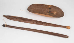 Coolamon (45cm), club (70cm) & woomera with incised decoration (78cm), central deserts & West Australian origin . 3 items