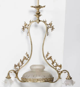 French brass & glass hanging light, early 20th century. 110cm high, 70cm wide.