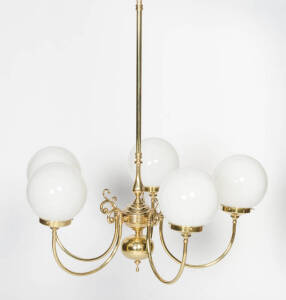 Pair of five branch brass and glass pendant hanging lights, 20th century. Height 135cm, width 80cm.