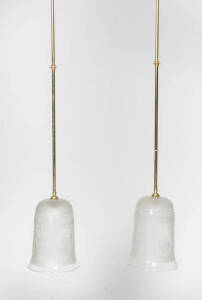 Brass five branch pendant hanging light and pair of pendant ceiling lights with etched glass shades.