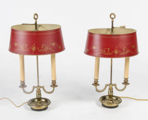 Pair of brass candelabra based table lamps with painted metal shades. 55cm.