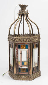 Victorian hanging portico lantern, ornate brass and leadlight. 57cm.