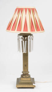 Brass column table lamp and shade with facetted crystal lustre drops. 65cm.