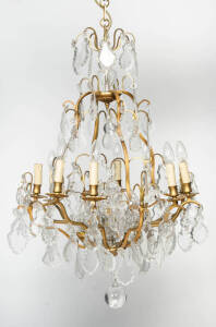 CHANDELIER: Gilt metal & cut crystal basket hanging light. Height 100cm, width 60cm