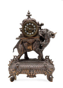 An unusual and elaborate silver plated elephant and rider mantle clock, French, circa 1900. 43cm high, 32cm wide.