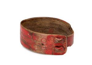 Military dog collar, bent wood & red painted finish, early to mid 19th century. Collected in Tasmania in the 1960s but most likely Continental. Width 13cm