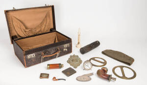 Group comprising telescopes (2); pipes (2); German Army cap & belt buckle; cigarette case; antique brass protractors (2); Westclox bedside clock; antique ivory thermometer; silver plaque & an ornate brass escutcheon. All housed in a vintage suit case. (14