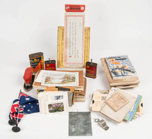 VARIOUS: Ephemera, cookery booklets, Shell oil tins, iron, flags, "Snap-Shot" vintage photographs in packets, maps, brochures etc. (100+ items)