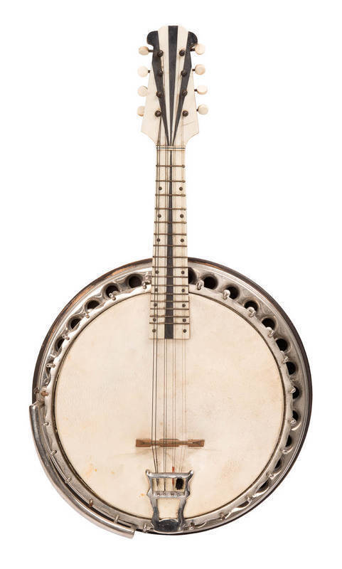 Banjo mandolin with unusual ivory & ebony fretboard & head, back decorated with timber specimens. In original case, early 20th century.