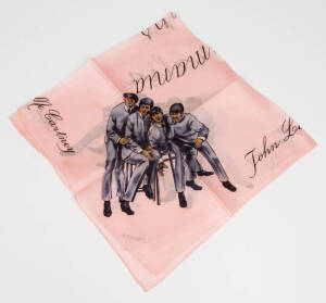 THE BEATLES: "Beatlemania Sweeps Australia" silk scarves in grey, yellow and pink; mixed condition. (3 items).