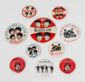 THE BEATLES: A collection of original badges including 100mm & 55mm "Official Beatles Fan", "Be A BEATLE Booster!", "WITH LOVE FROM US TO YOU", "I NEEDED HELP! SO I GOT MY BEATLES MOVIE TICKET! DID YOU?" and others. (10).