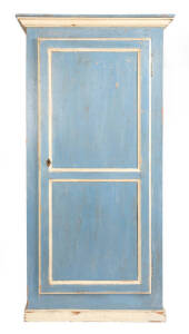 Blue and white painted single door tall cupboard, in the provincial style                   