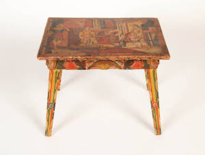 An unusual Sicilian polychrome painted table, Italian, mid 19th century. 43cm high, 54cm wide, 40cm deep.