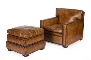 Brown leather studded club style armchair and matching ottoman.