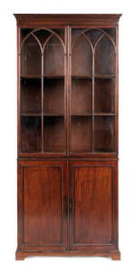 Georgian mahogany bookcase with astragal glazed top and blind panelled base. 219cm high, 94cm wide, 32cm deep.